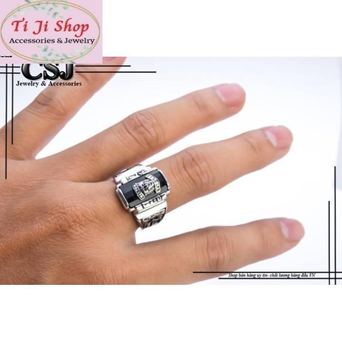 Nhẫn nam inox trắng mặt sư tử đá đen