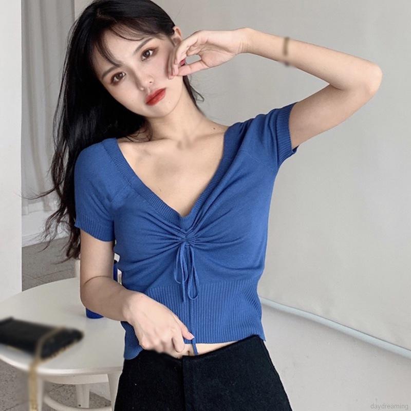 Áo Thun Tay Ngắn Cổ Chữ V Màu Trơn Thiết Kế Đơn Giản Thời Trang Dành Cho Nữ