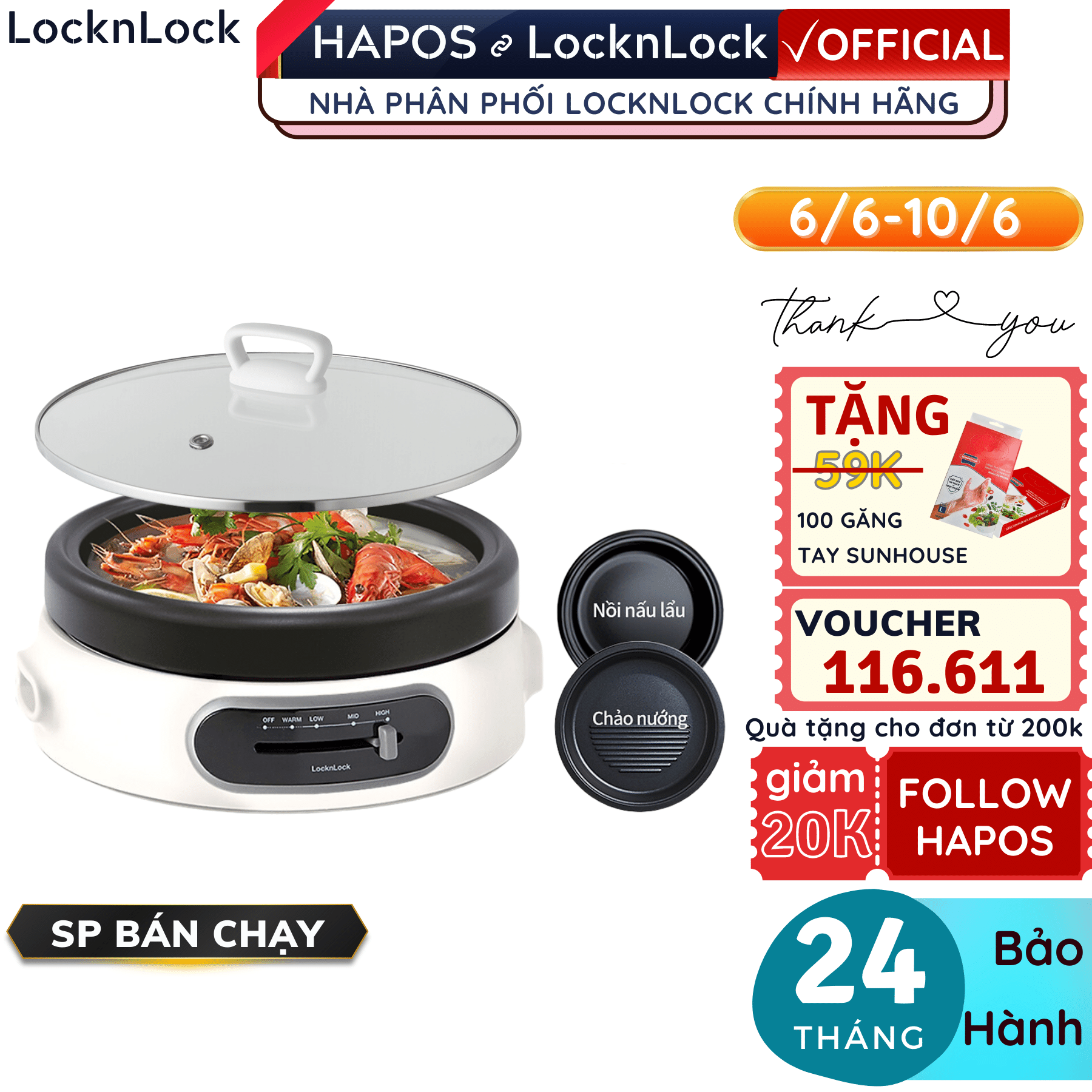 Nồi lẩu điện đa năng Lock&amp;Lock 4L Multi Cooker EJP544WHT - Hàng chính hãng, có thể nấu và nướng, lồng tháo rời - Hapos