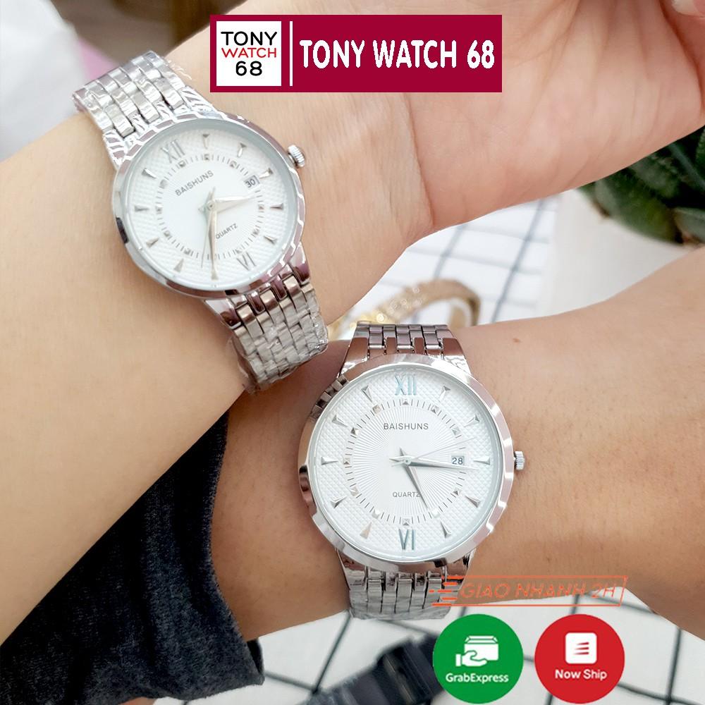 Đồng hồ cặp đôi nam nữ Baishuns mặt tròn trắng dây kim loại bạch kim chính hãng Tony Watch 68