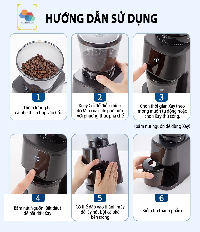 Máy xay cà phê HTG CG015 lưỡi dạng nón, 31 cấp độ xay mịn đa năng, pha chế cho máy pha espresso đồng nhất, tích hợp 2 vòng đệm tránh rơi vãi