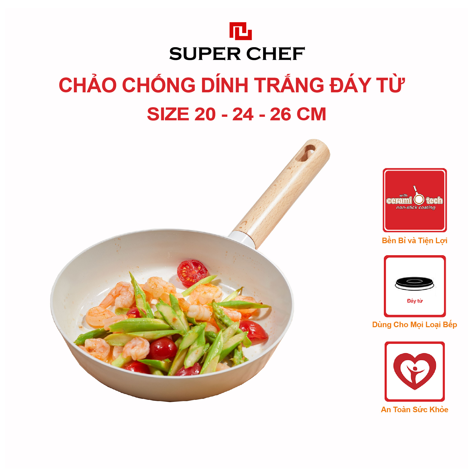 Chảo chiên SUPER CHEF hợp kim tráng men trắng đáy từ bền bỉ, tiện lợi