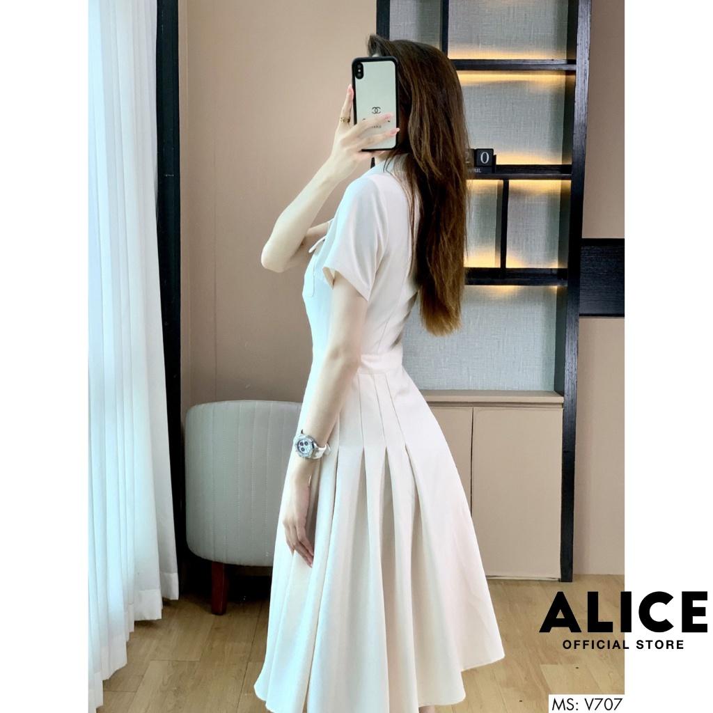 Váy Trắng Công Sở Tiểu Thư Dáng Xòe ALICE V707, Thiết Kế Tay Lỡ Phối Nơ Cổ Sang Chảnh