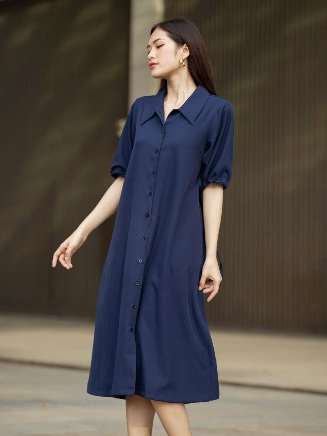 Đầm sơ mi xanh navy NGADO , đầm sơ mi rộng , đầm sơ mi Nữ