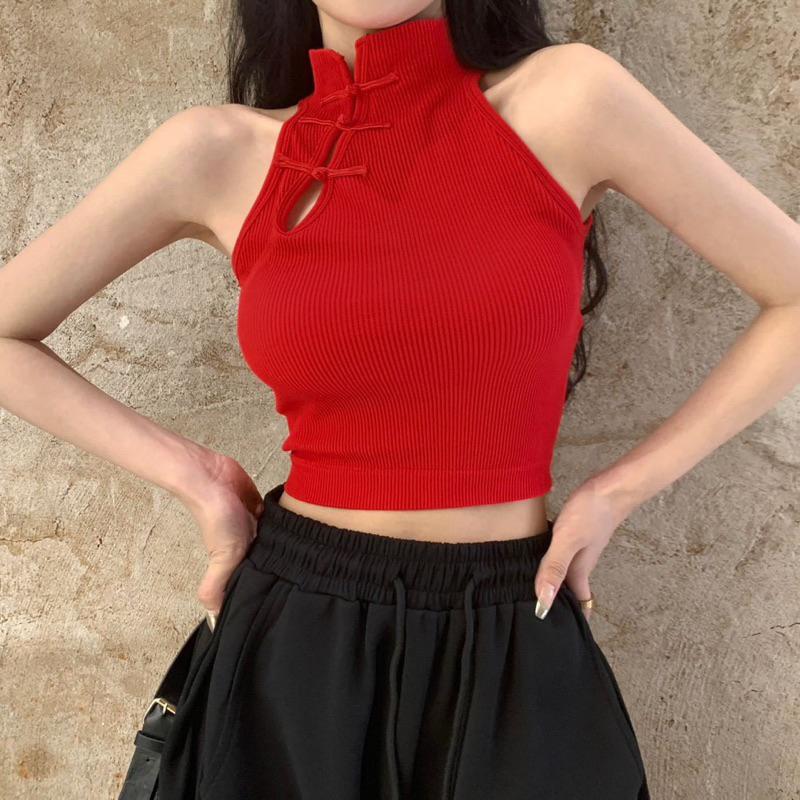 Áo sườn xám khoét nách cổ cao hot girl mùa hè 2023