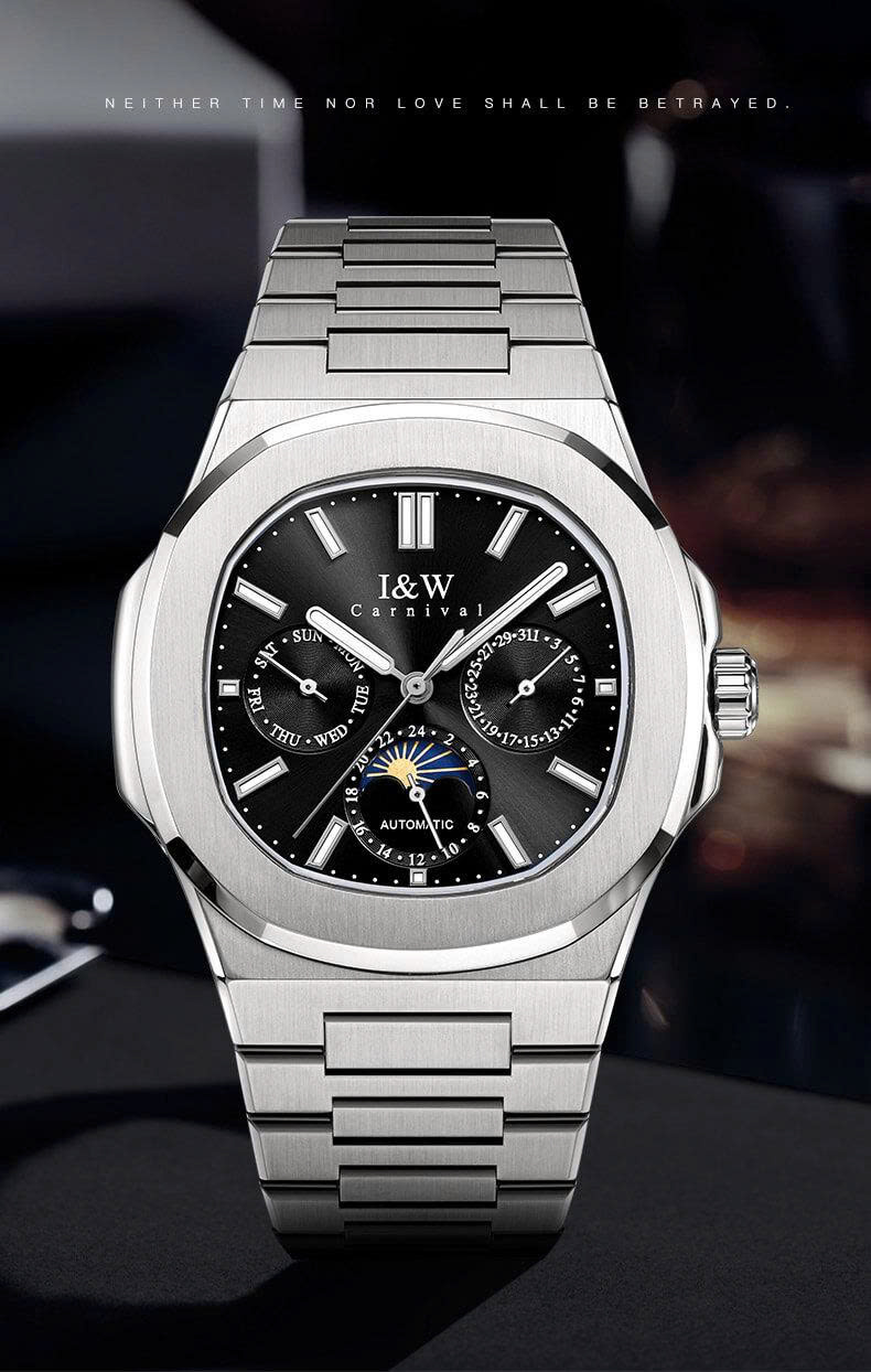 Đồng hồ nam chính hãng I&W CARNIVAL 55886G-2 mặt đen size mặt 42mm,kính sapphire ,chống nước 50m,dây thép không gỉ