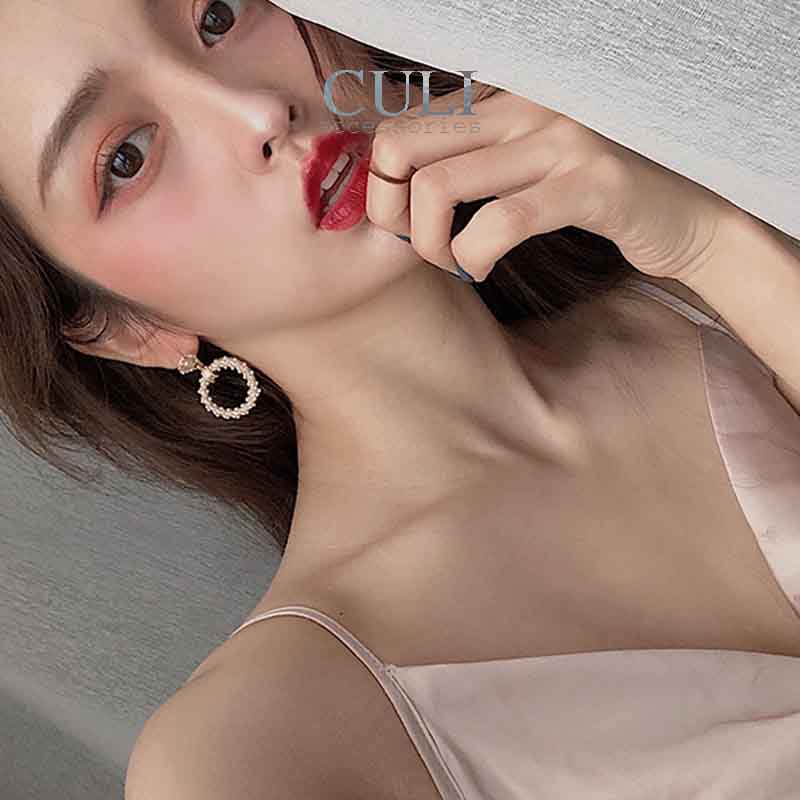 Khuyên tai dáng dài, khoen tròn đính đá phối hạt trai xinh xắn HT676 - Culi accessories
