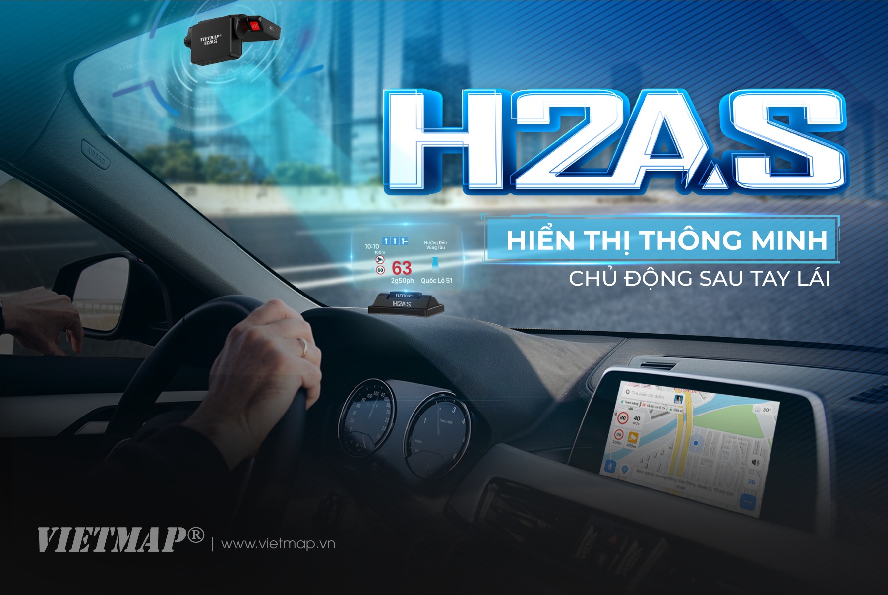 HUD Vietmap H2AS - Màn hình HUD Đo áp suất lốp - Dẫn đường - Cảnh báo tốc độ - Hiển thị cuộc gọi - Hàng chính hãng