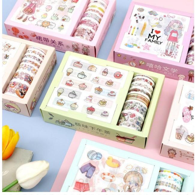 Set Combo Hộp Washi tape và giấy dán Sticker cao cấp họa tiết hoạt hình dễ thương 6 mẫu tại Corgi Shop