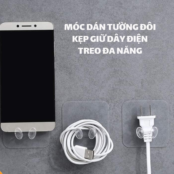 Combo Móc Dán tường treo dây điện, phích cắm, để sạc điện thoại 2 Tai Siêu dính - Móc Treo Đồ Đa năng nhà tắm nhà bếp