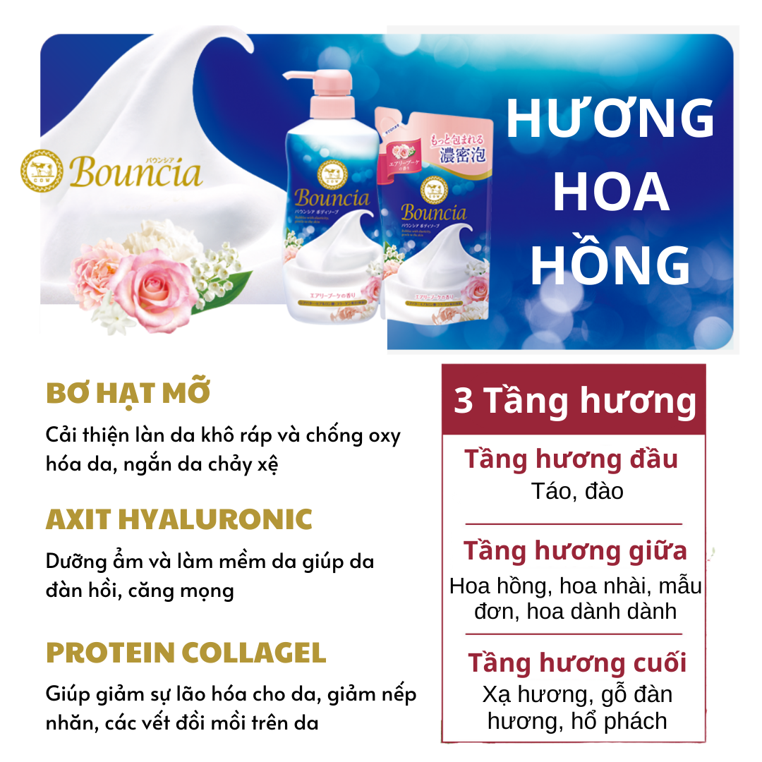 Sữa Tắm Bouncia Body Soap Cow dưỡng ẩm sáng sa chiết xuất từ sữa bò Hương Hoa Hồng siêu tạo bọt 500ml