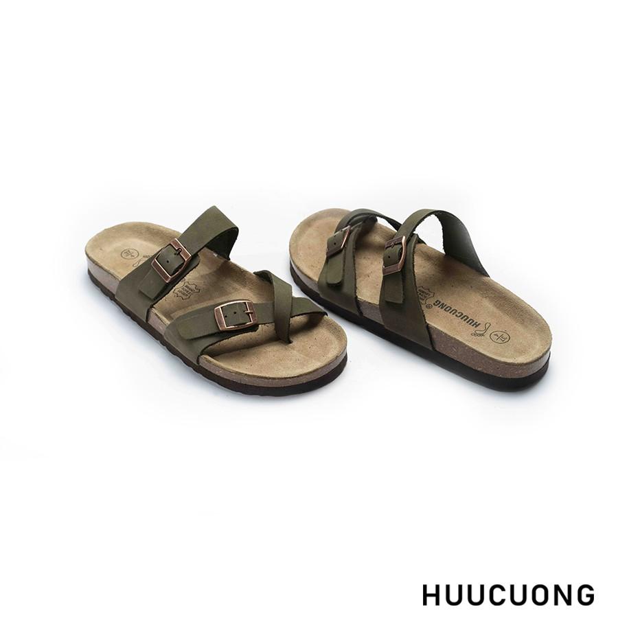 Dép unisex Huucuong xỏ ngón da bò rêu đế trấu handmade