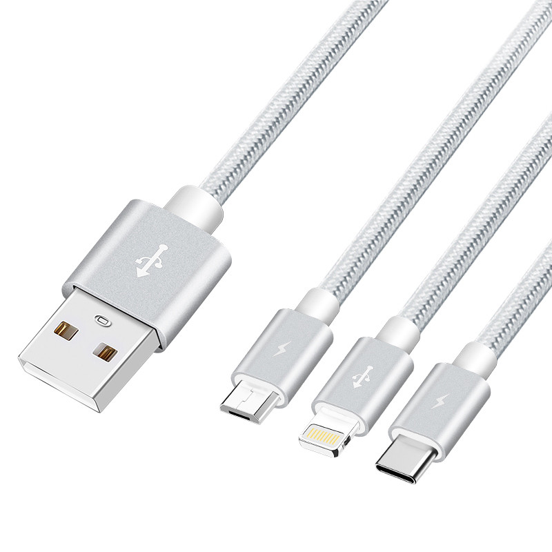 Cáp sạc cáp dữ liệu USB 3in1 với đầu nối cổng USB, Type-C, Lightning - Hàng Chính Hãng
