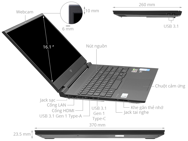 Laptop HP VICTUS 16 e0170AX R7 5800H/8GB/512GB/4G RTX3050Ti/16.1"F/144Hz/Win11//Đen - Hàng chính hãng