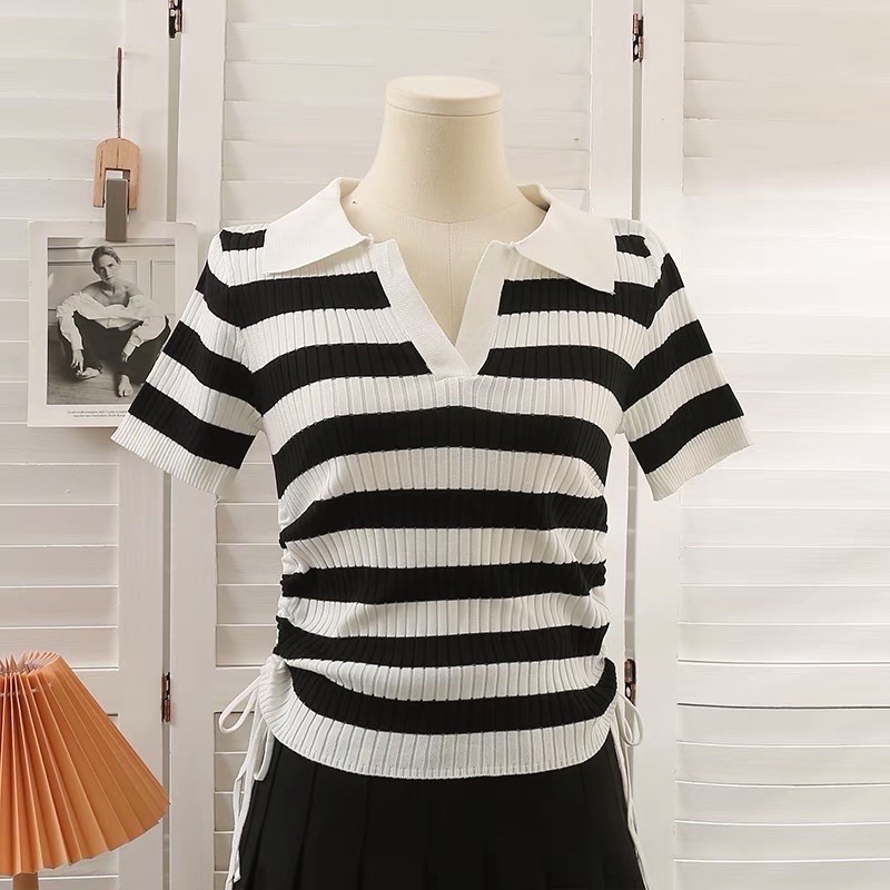 Áo cardigan dệt kim tay ngắn hoạ tiết kẻ sọc Hàn Quốc cho nữ AL04