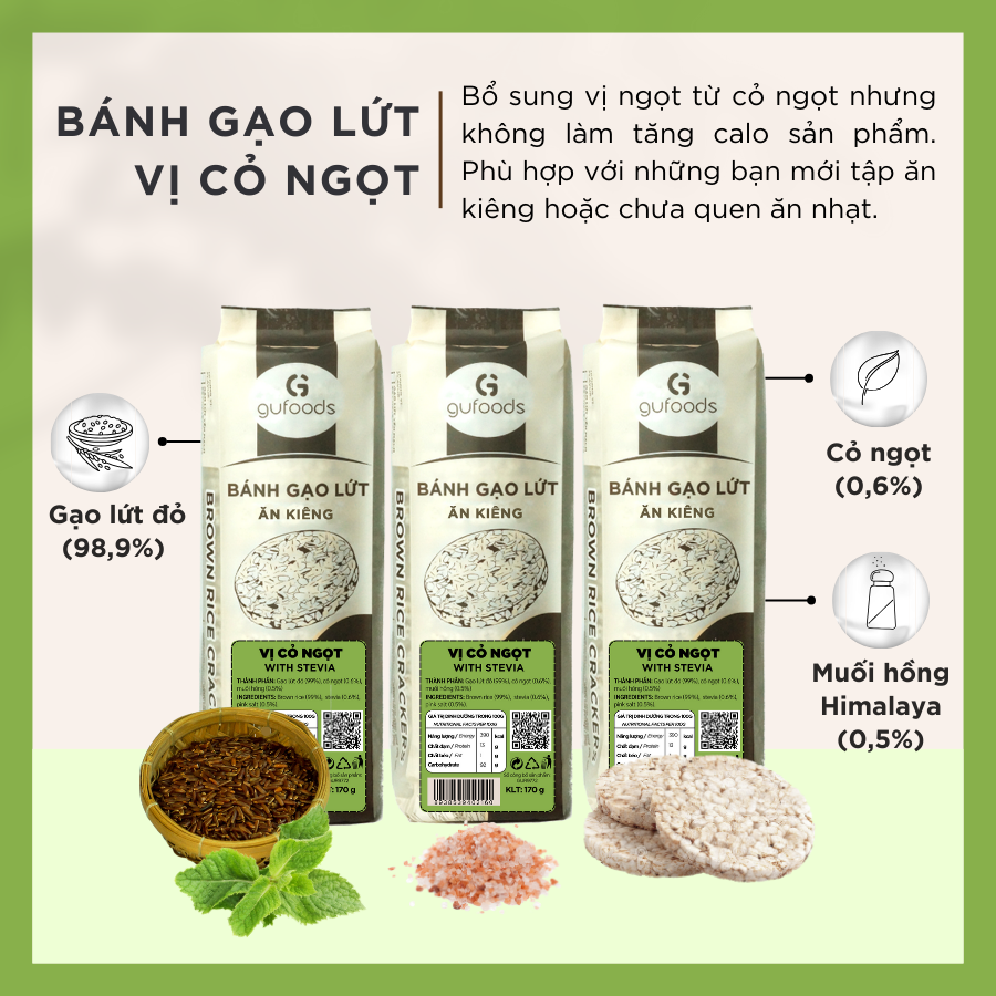 Bánh gạo lứt nguyên hạt GUfoods (510g = 54 bánh) - Phù hợp ăn kiêng, Tập Gym, Eat clean