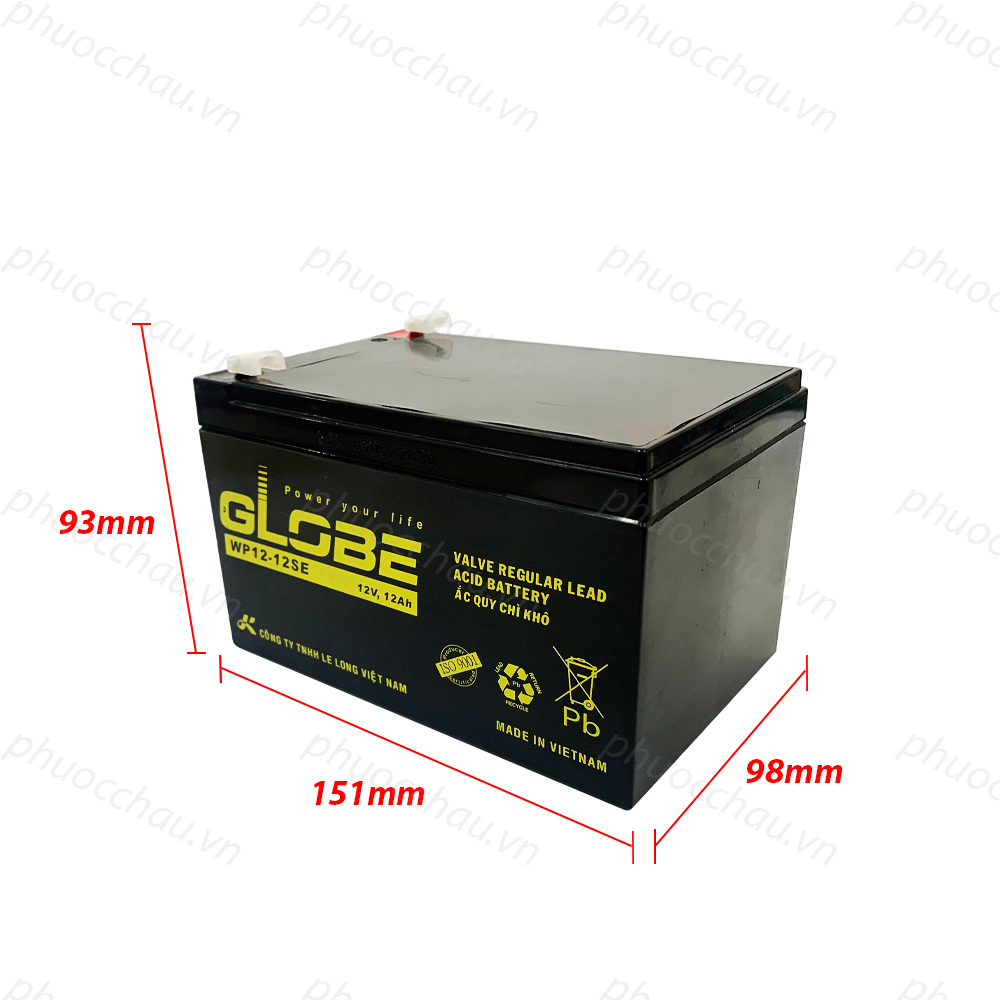 Bình Ắc Quy Khô Globe WP12-12 12V12AH, Dùng Cho Loa Kéo, Bình Phun Thuốc, UPS, Xe Đạp Điện