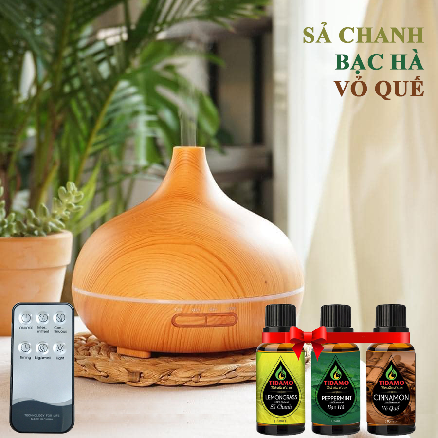 Combo Máy Khuếch Tán/ Máy Xông Tinh Dầu TIDAMO CC3E Có Remote Điều Khiển Từ Xa + 3 Chai Tinh Dầu nguyên chất: Sả Chanh + Bạc Hà + Vỏ Quế / Thích Hợp Xông Tinh Dầu Phòng 15-50m2