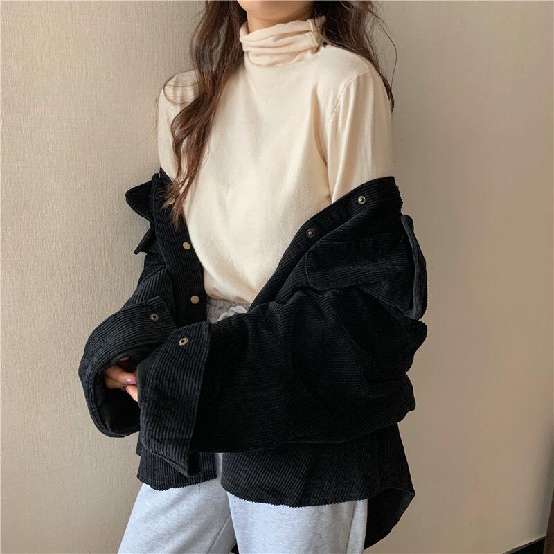 Áo Sơ Mi Nhung Tăm Gân 2 Túi Nút Bấm Form Rộng Unisex Nam Nữ Style Hàn Quốc Ulzzang KUN