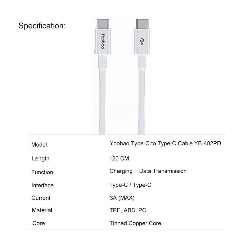 Dây Cáp Sạc Nhanh Yoobao YB-482PD Type-C to Type-C- PD 60w - Hàng nhập khẩu