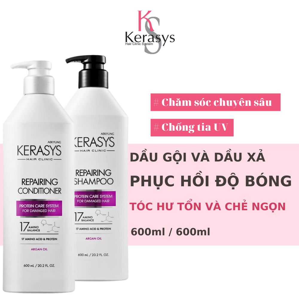 Cặp gội xả Kerasys Repairing phục hồi độ bóng, tăng cường chống tia UV cho tóc hư tổn, chẻ ngọn 600ml