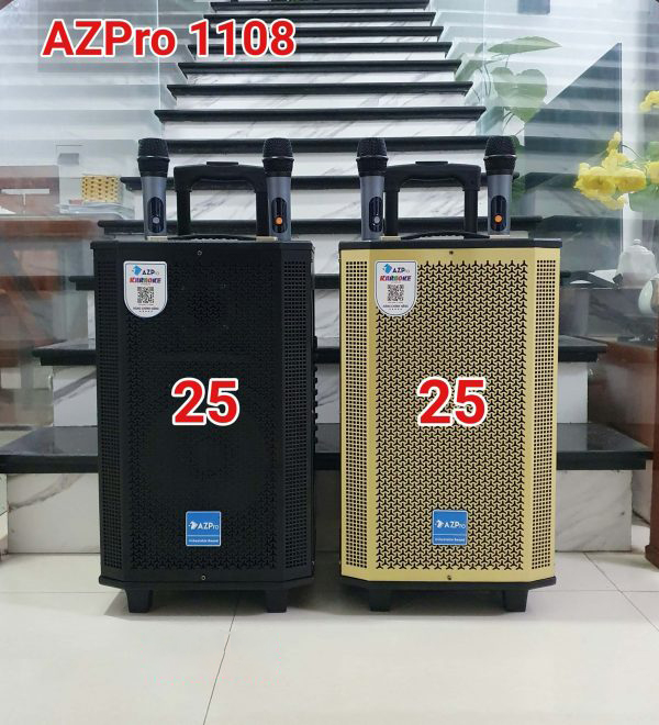 Loa kéo AZPro AZ-1108 - Loa kéo di động 2 đường tiếng bass 2.5 tấc - Tặng kèm 2 micro không dây - Chống hú cực tốt, công suất lên đến 600W - Đầy đủ kết nối Bluetooth, AV, USB, SD card - Cổng 6.5 cắm micro ngoài - Âm thanh cực chuẩn - Hàng nhập khẩu