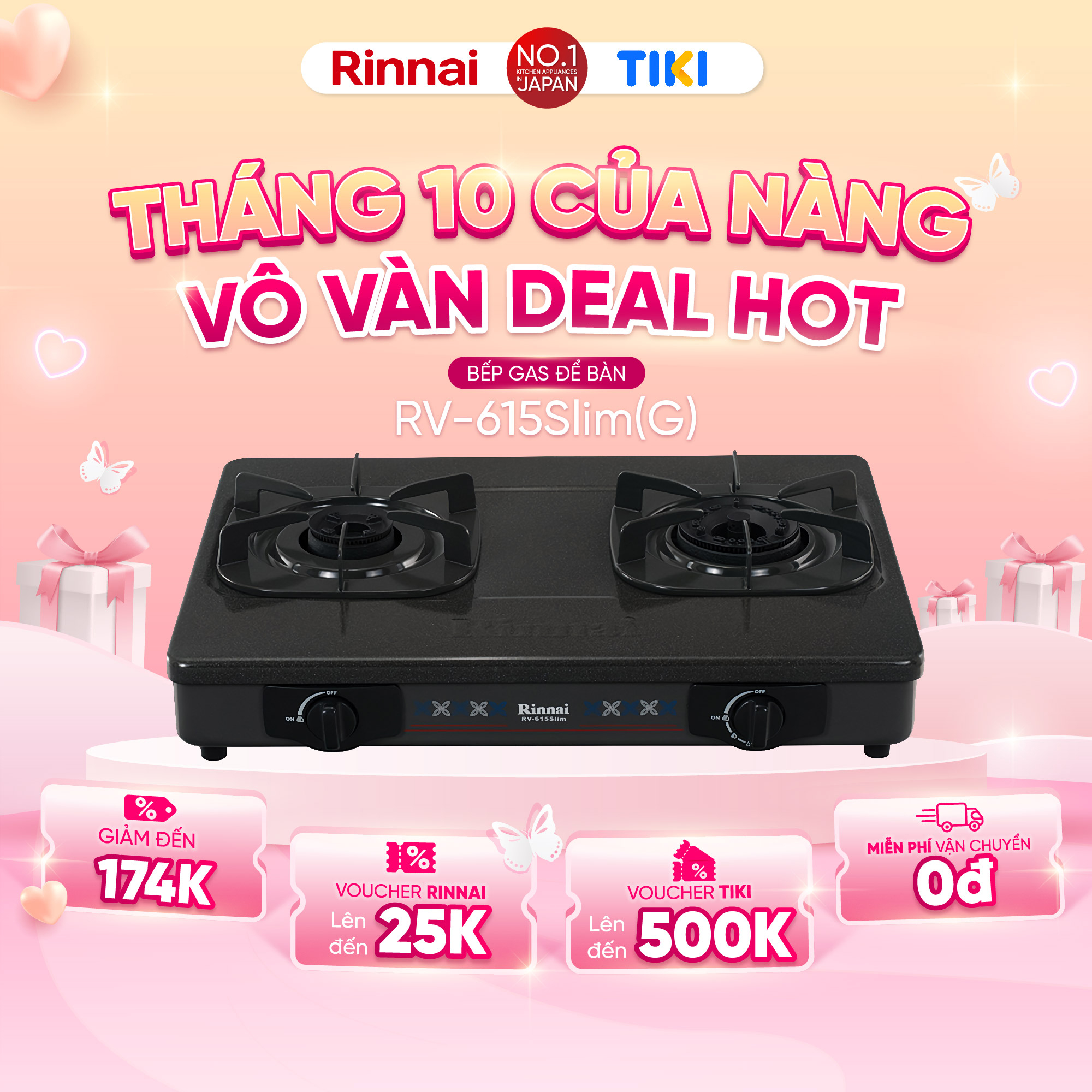 Bếp gas dương Rinnai RV-615Slim-SCH(VP) mặt bếp kính Schott và kiềng bếp men - Hàng chính hãng