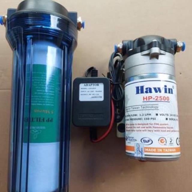 Máy phun sương 24V HAWIN HP-2500 Taiwan kèm nguồn điện và Lọc rác lớn. sử dụng cho 10 đến 20 béc phun sương