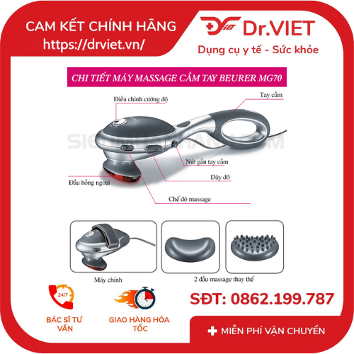Máy massage cầm tay có đèn hồng ngoại Beurer MG70-Xuất xứ Đức,mát xa thư giãn toàn thân,giảm đau mỏi cơ,tuần hoàn máu