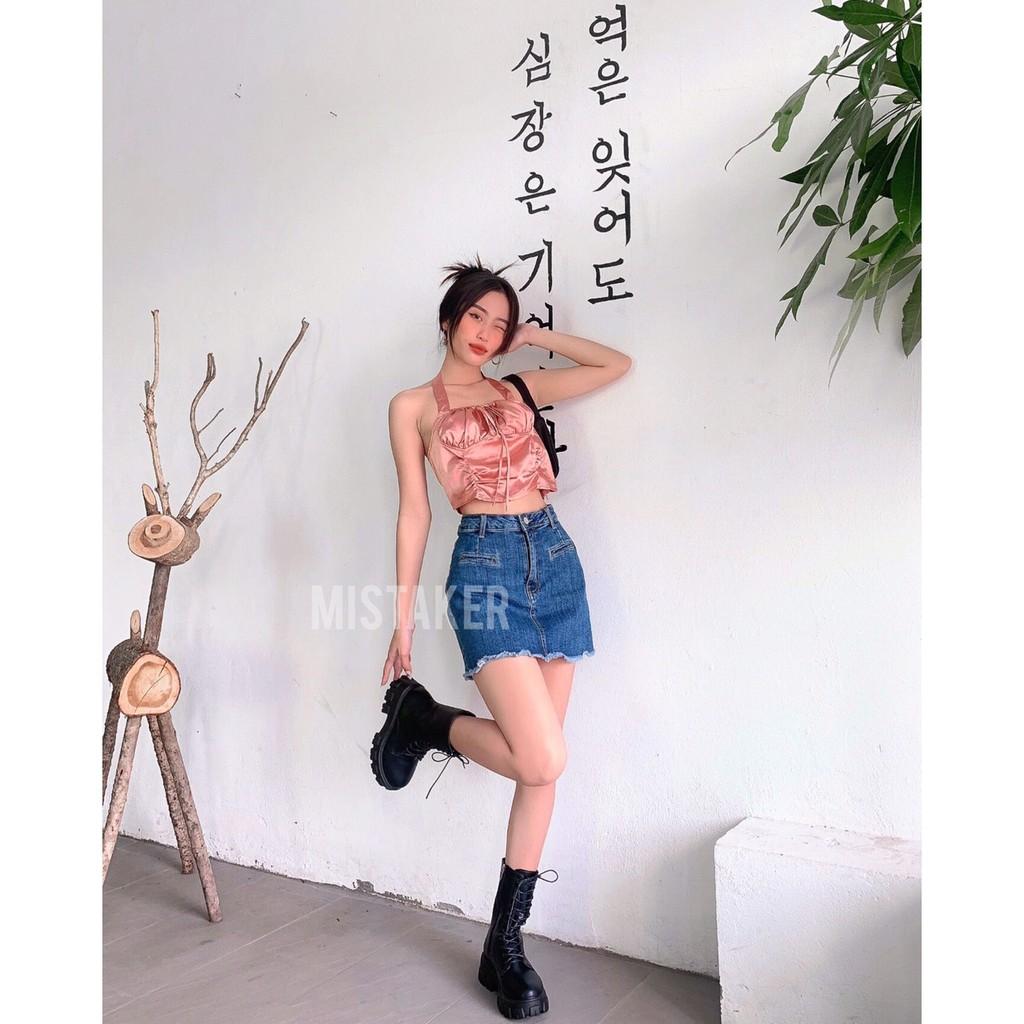 Áo Silk Crop- Váy short xẻ túi trước