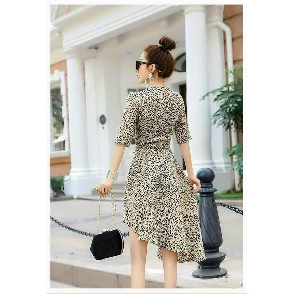 ĐẦM XÒE HỌA TIẾT BEO TÀ XÉO CỔ V SANG TRỌNG