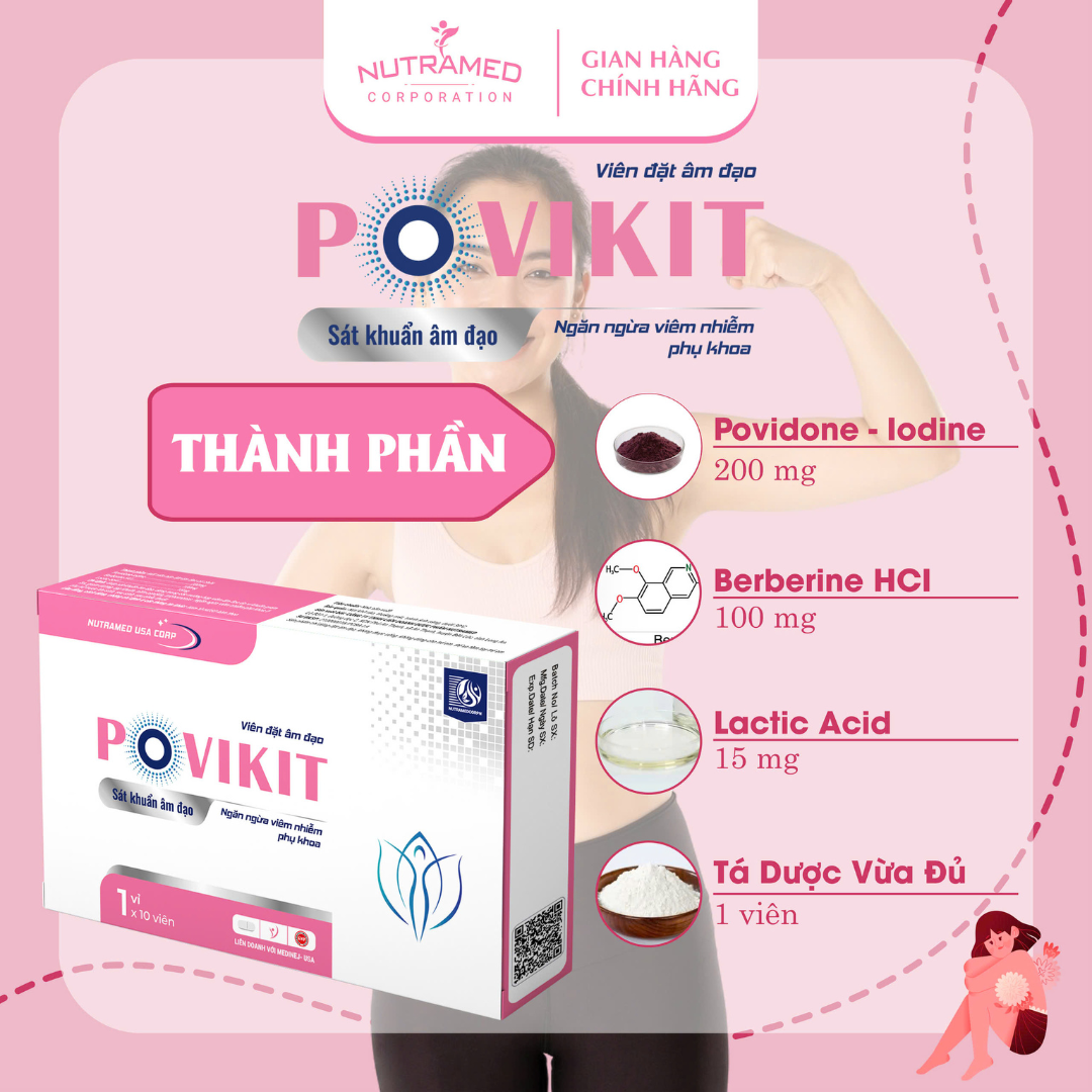 Viên đặt Povikit hỗ trợ giảm viêm cô bé do nhiễm vi khuẩn, nấm ngứa, mùi hôi - Nutramed (10 viên)
