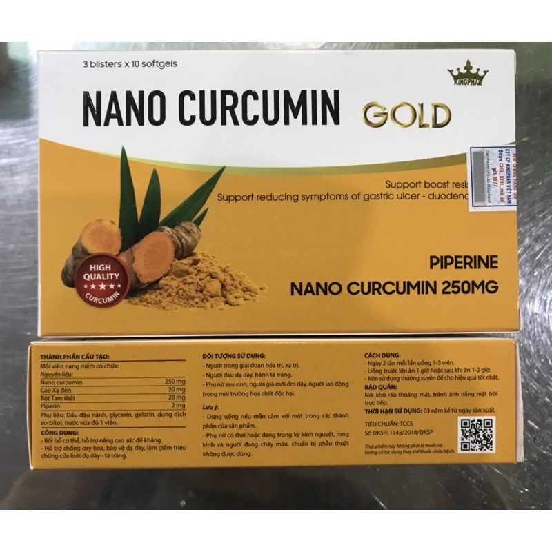 Nano curcumin Gold Kingphar, hộp 30 viên, dùng cho người bị viêm loét dạ dày
