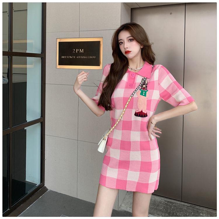SHUANGYAN polo cổ màu hồng kẻ sọc dệt kim đầm mùa hè 2023 nhỏ lỏng lẻo thời trang ngọt ngào giảm tuổi váy