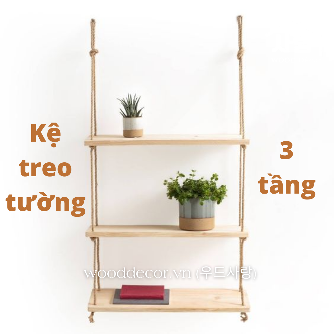 Kệ treo tường gỗ thông 3 tầng kèm dây cối và đinh ba chấu gắn tường