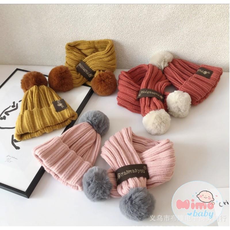 Set khăn mũ len trẻ em đính bông lớn len sọc dọc