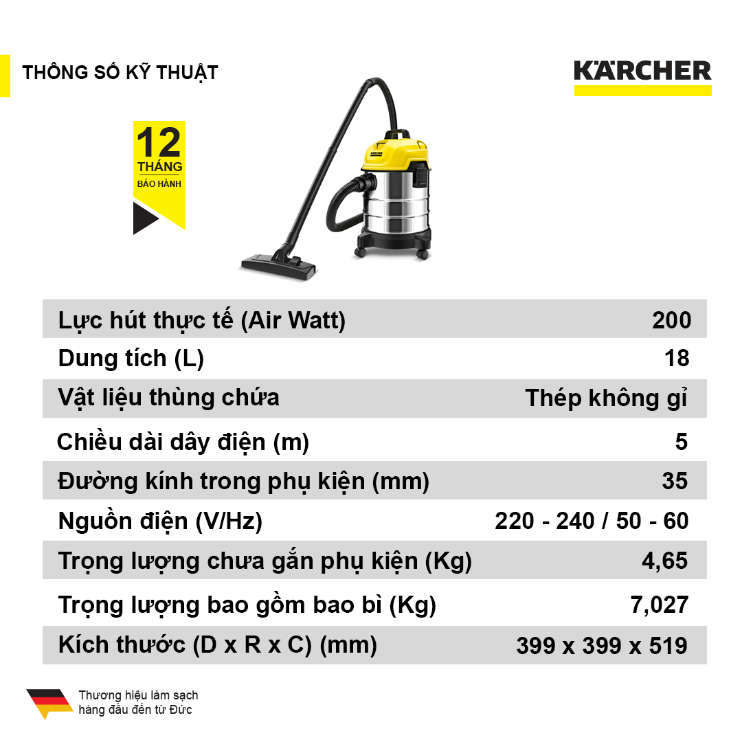 Máy hút bụi đa năng khô và ướt Karcher chính hãng WD 1s Classic công suất 1300W dung tích 18l thép không gỉ (Hàng chính hãng)