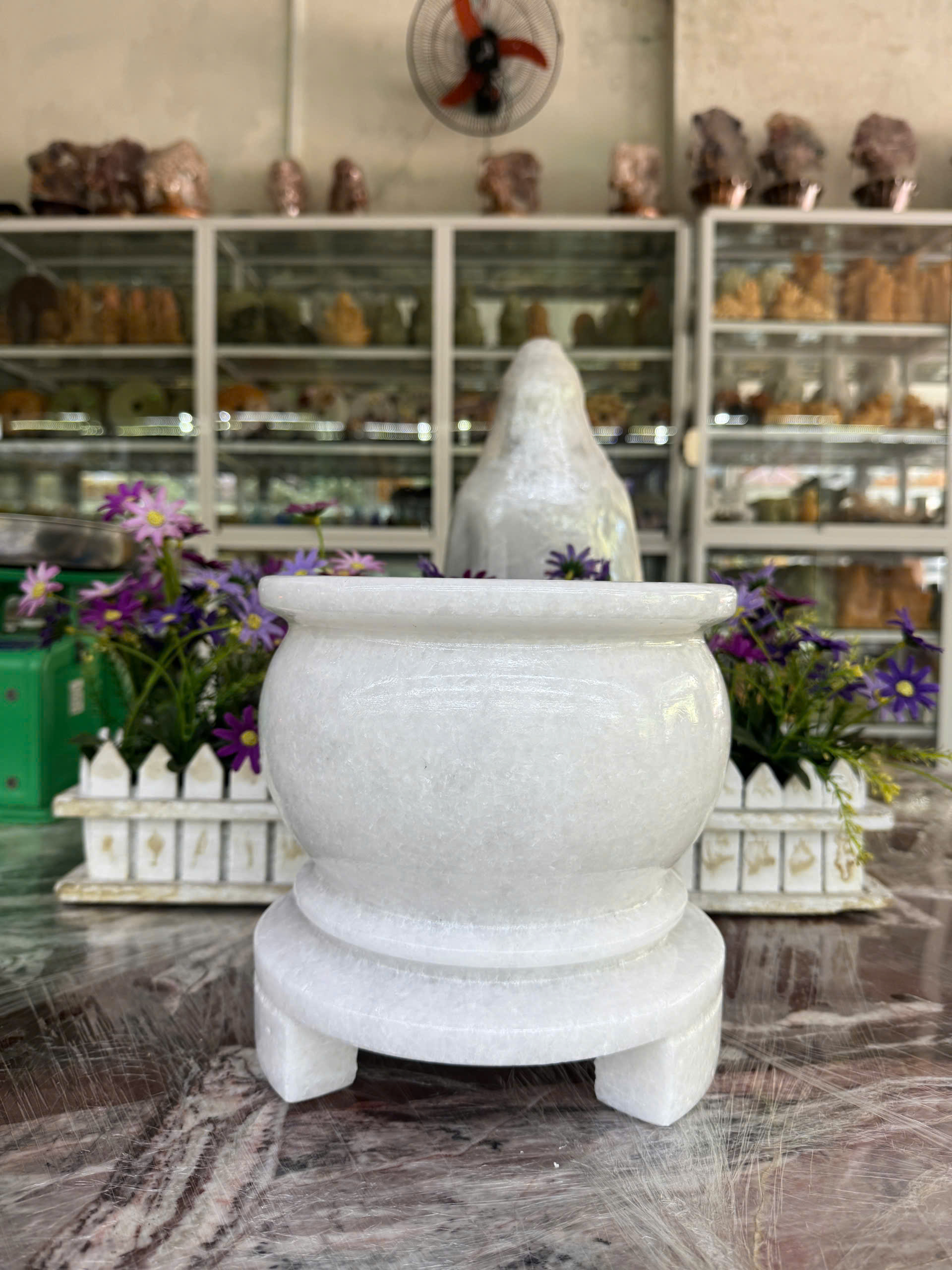 Lư hương, bát hương, bát nhang thờ cúng đặt bàn thờ đá trắng - Cao 20cm