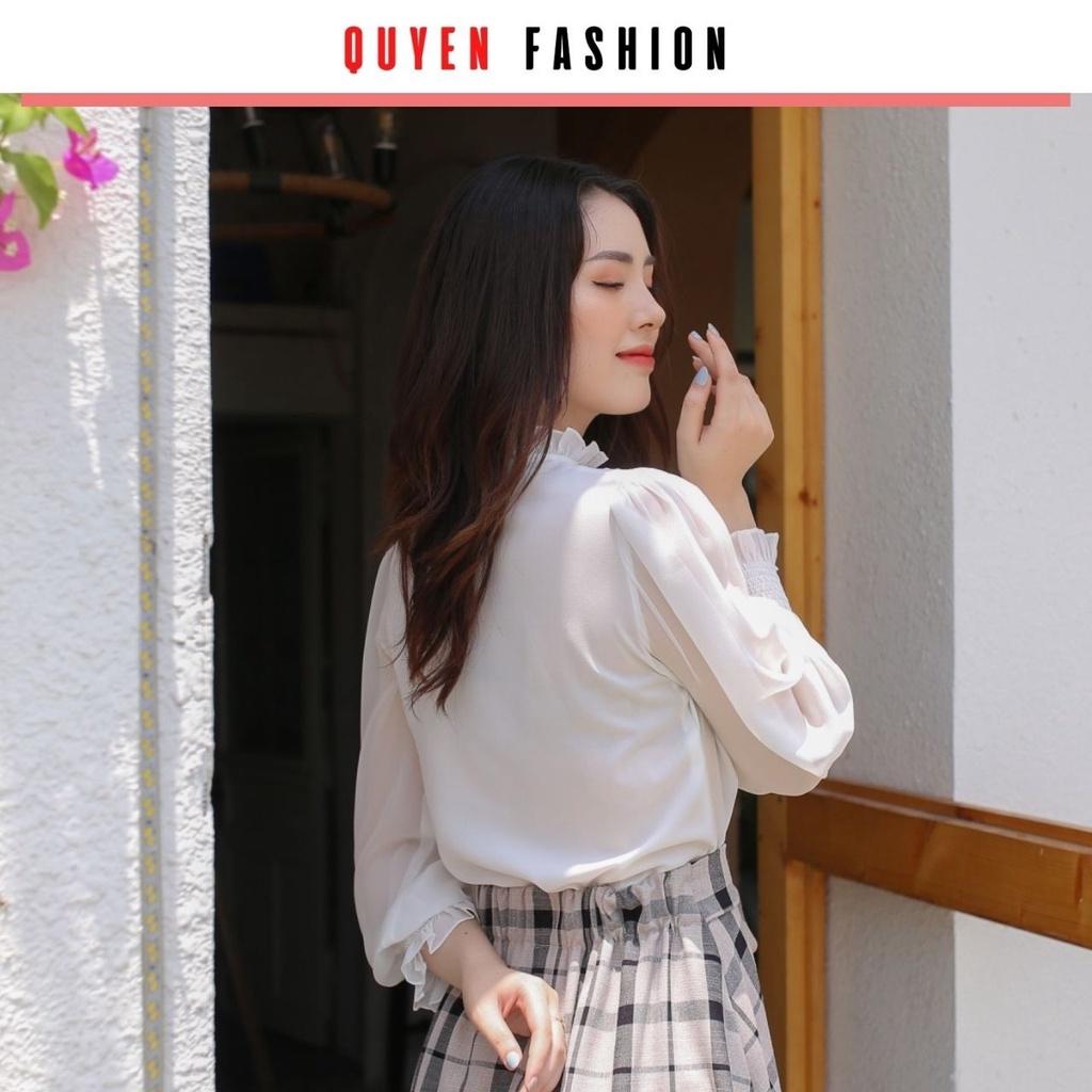 Áo sơ mi trắng tay phồng tiểu thư thời trang công sở nữ tay bo chun, cổ kẹp ren xinh xắn quyên fashion