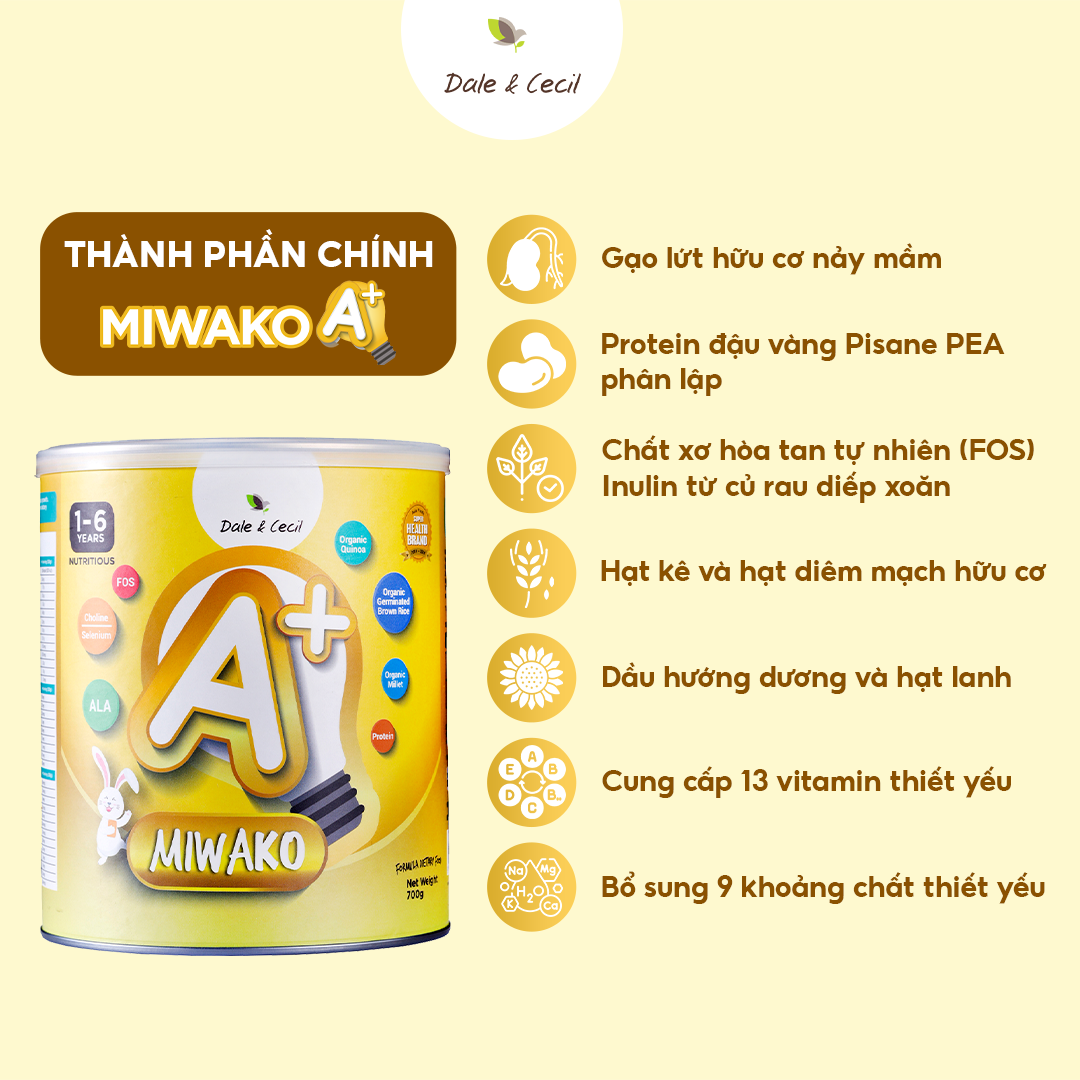 Combo 5 Hộp Sữa Công Thức Hữu Cơ Miwako A+ Vị Vani 700g (3.5Kg) Nhập Khẩu Malaysia, Sữa Hạt Cho Bé Từ 1-6 Tuổi Giúp Phát Triển Trí Não Chiều Cao