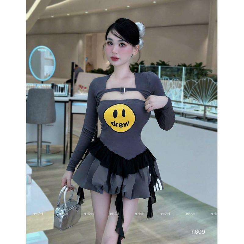 Set váy 3 món drew mặt cười xinh yêu HAH BY JOLIE - Ghi, Ghi