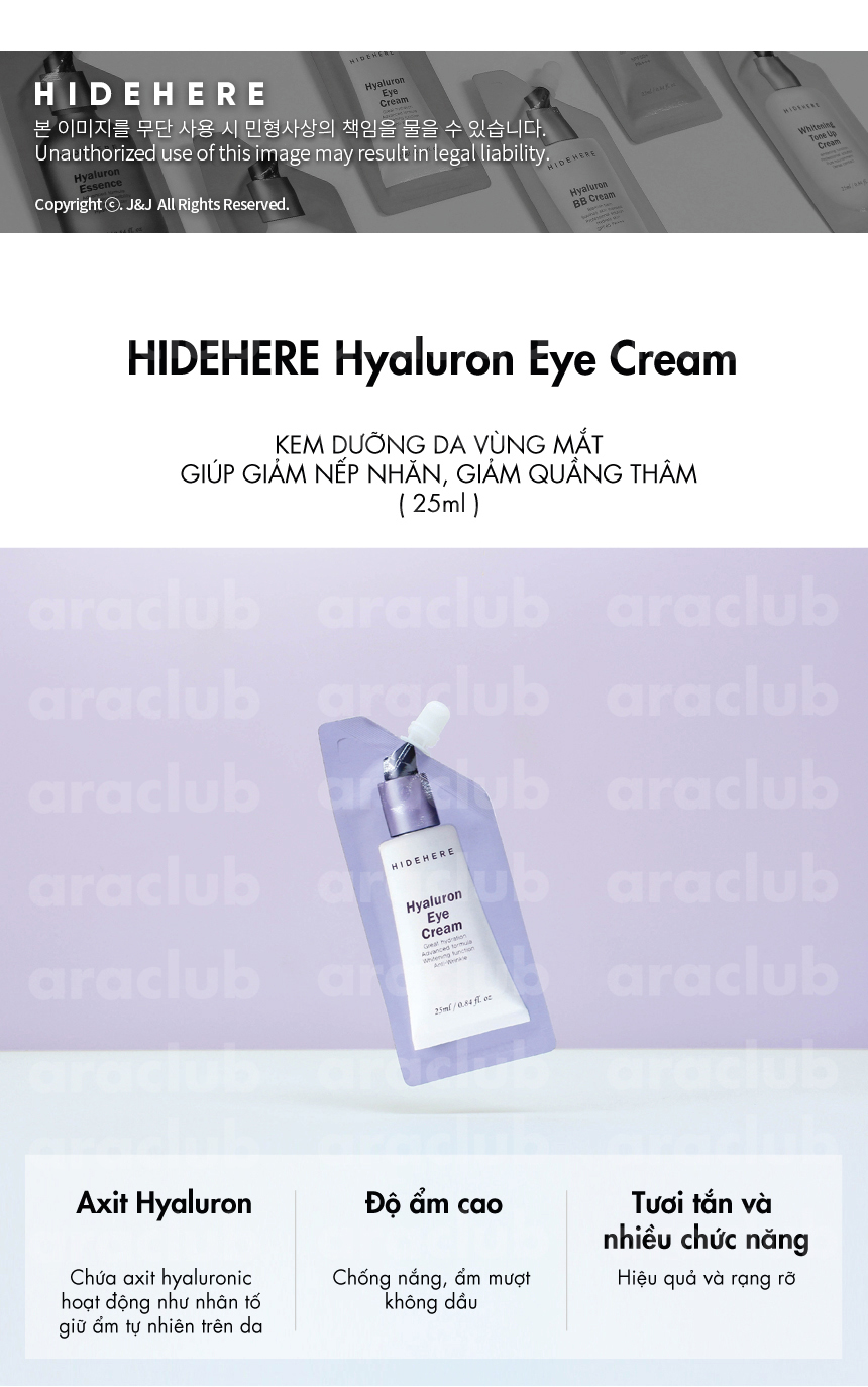 Kem dưỡng mắt giảm quầng thâm và giảm nhăn da Hidehere Hyaluron Eye Cream 25ml