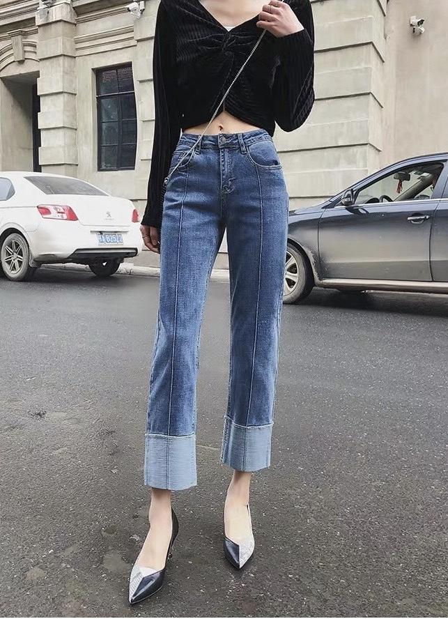 Quần jean nữ BIGSIZE ống suông rộng 9 tấc, lưng cao, co dãn mạnh, dành cho người béo 65kg~90kg 3507