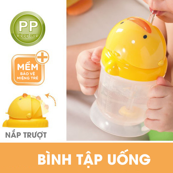 Bình tập uống Piyo Piyo nắp trượt hình chú vịt có hai tay cầm 250ml - PY830350