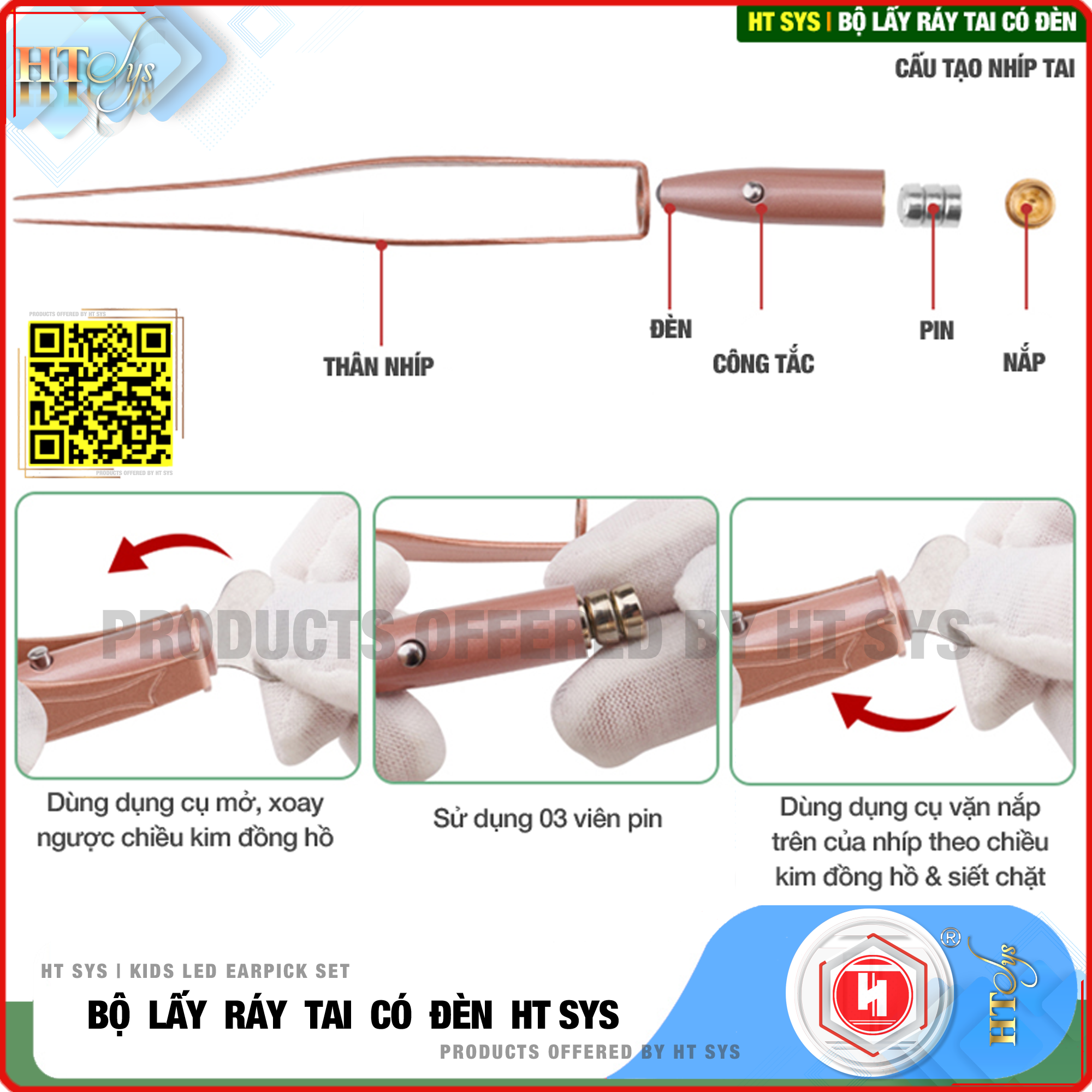 Bộ Dụng Cụ Lấy Ráy Tai HT SYS Flashlight Earpick - Bộ Ngoáy Tai Tích Hợp Đèn Led Cao Cấp - An Toàn, Tiện Lợi Cho Bé và Gia Đình