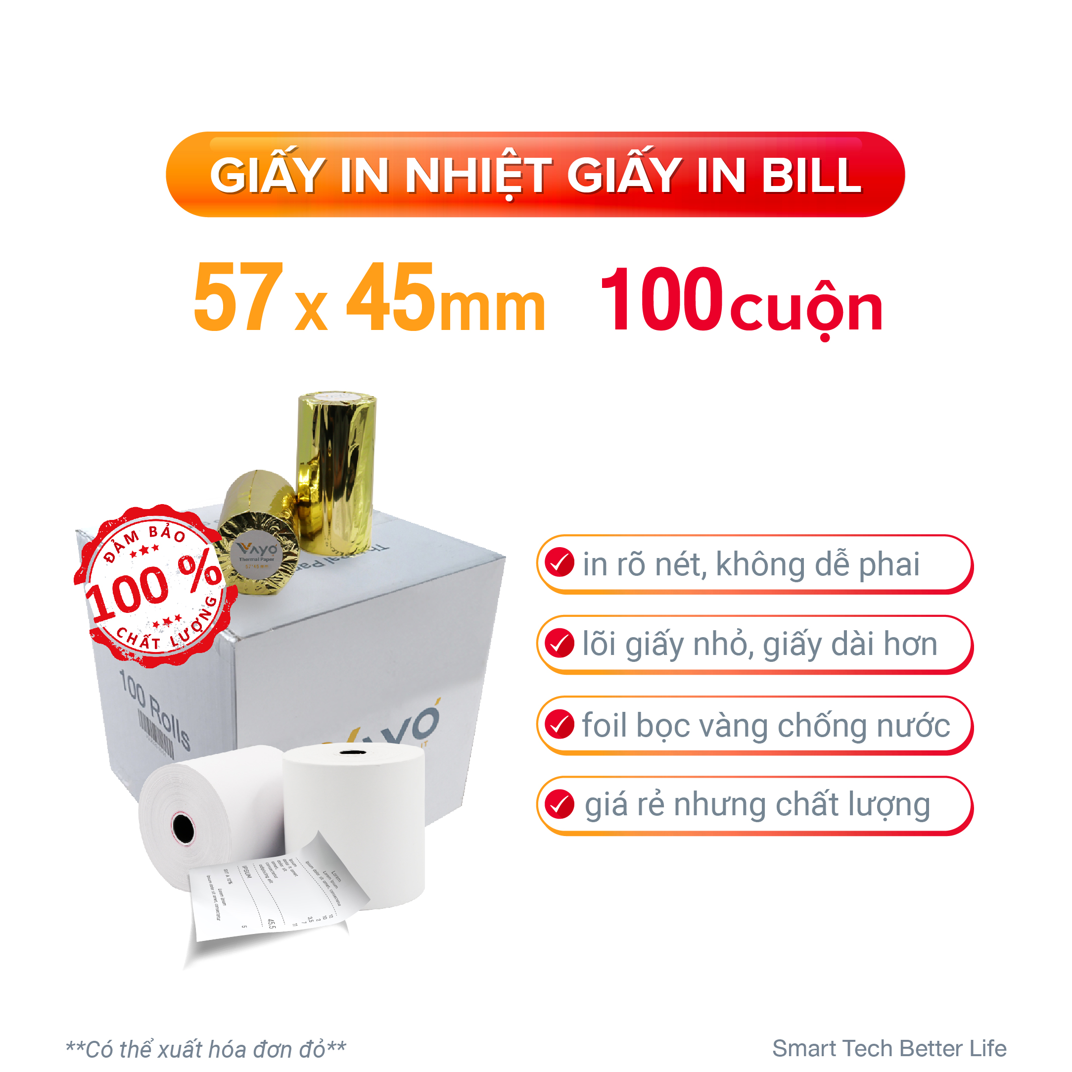 [100 cuộn] Giấy in nhiệt Giấy in bill VAYO Khổ 57 x 45 mm - In rõ nét - Lõi siêu nhỏ - Hàng chính hãng