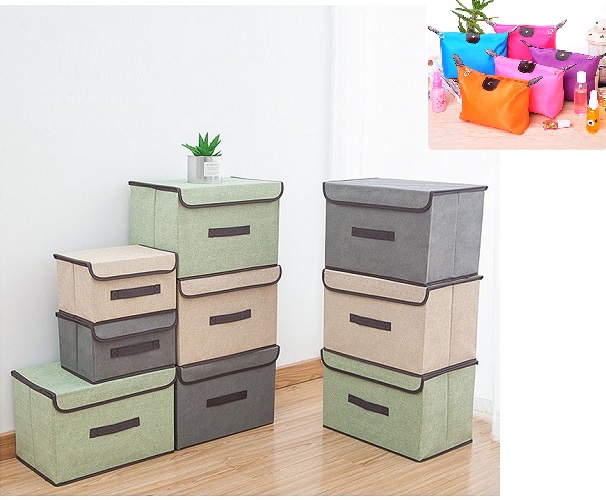 Bộ 2 hộp vải đựng đồ đa năng gấp gọn, giao màu ngẫu nhiên- Tặng kèm túi đựng mỹ phẩm