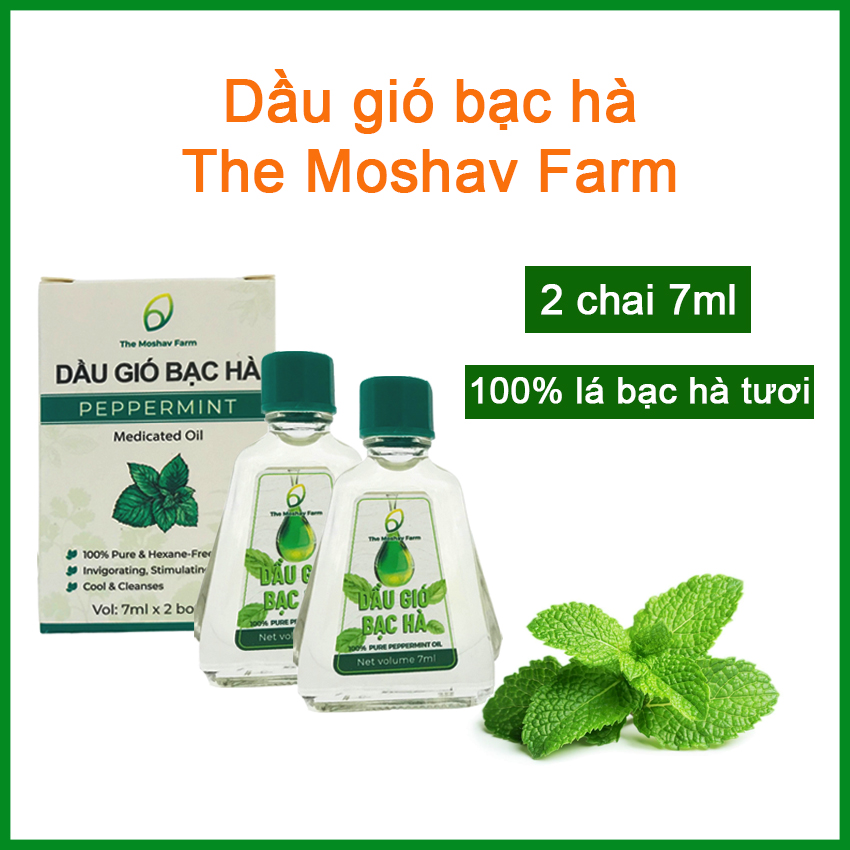 Dầu Gió Bạc Hà The Moshav Farm - Chiết Xuất Từ 100% Lá Bạc Hà Tươi Giảm Đau Đầu, Chống Say Tàu Xe , Sảng Khoái Tinh Thần, Tập Trung Cao Độ - Hộp 2 Chai 7ml