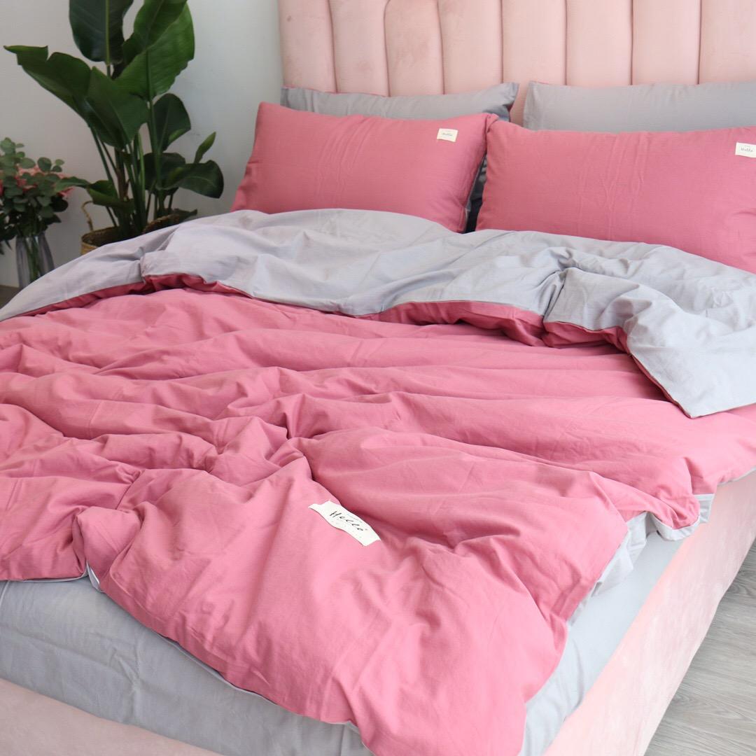 Bộ Chăn Chần Ga Gối Cotton Tici LIDACO - Hồng Đậm Ga Ghi