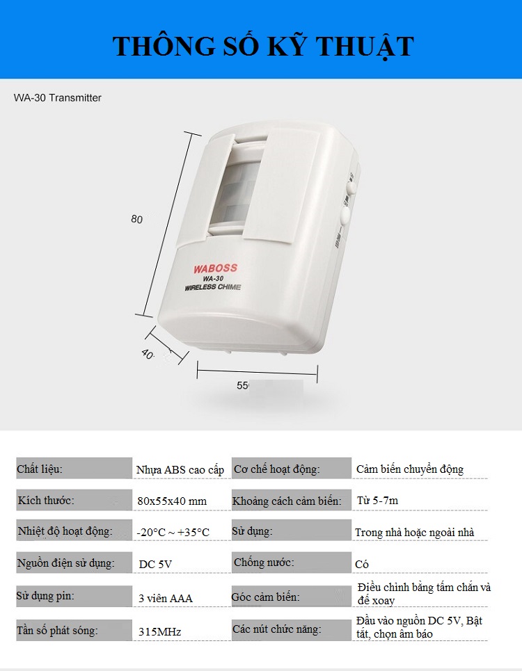 Chuông báo khách, báo trôm không dây cảm biến hồng ngoại WABOSS